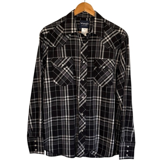 Wrangler Other - Wrangler Western Plaid Shirt Pearl Snap Long Sleeve Black White Size Large